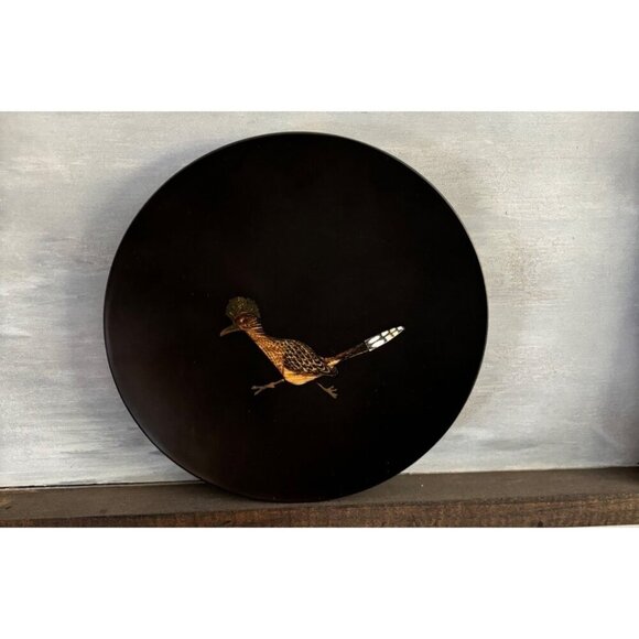 Vtg Couroc Of Monterey Utility Dish Roadrunner Inlaid Design Black Gold 7” MCM - Picture 1 of 5